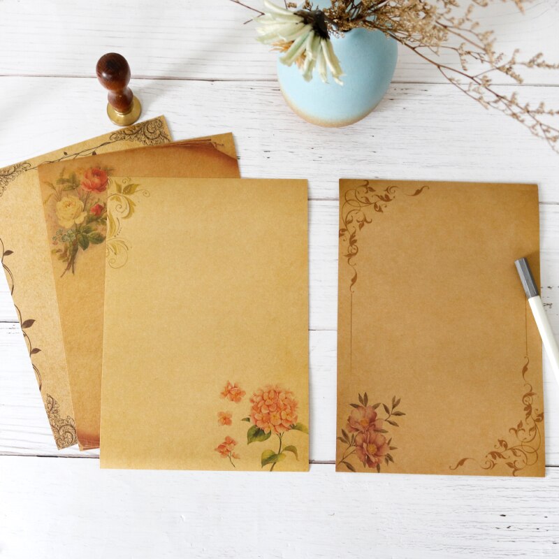 16sheets Vintage Flower Kraft Letter Paper Brown Craft Writing Paper Stationery Letter Pad Office Supplies