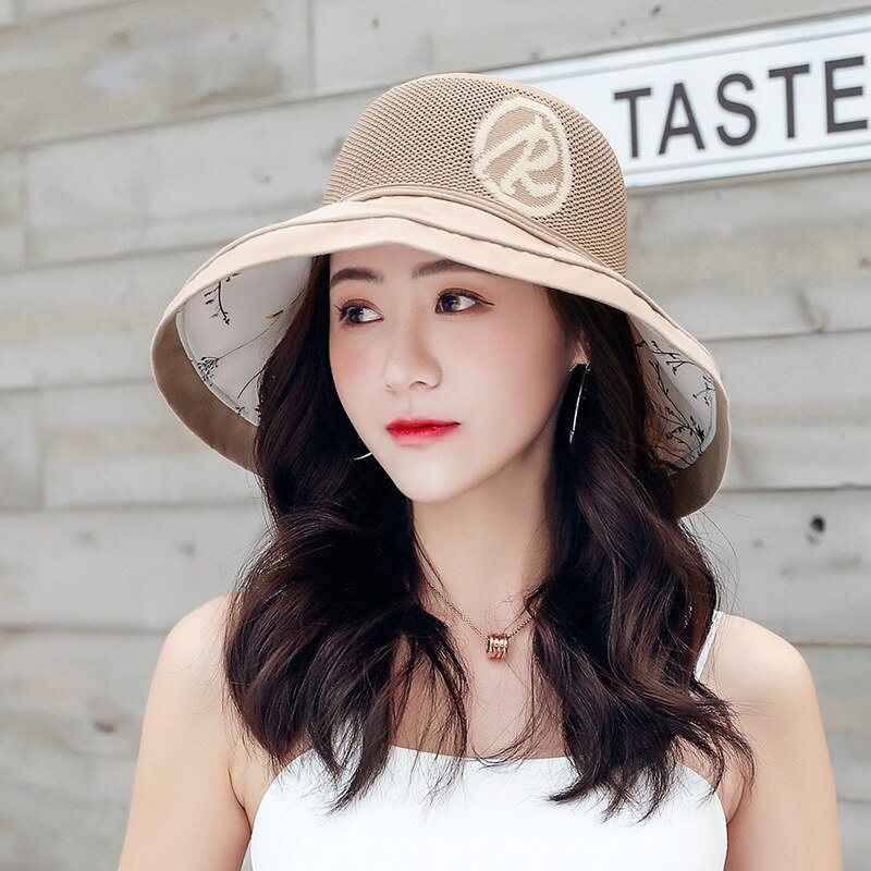 Fiskehatt koreansk tyghatt kvinnlig solkräm solhatt uv-skydd vikbar hatt med stor brätte vilda bokstäver rosa hatt hinkhatt: Kaki