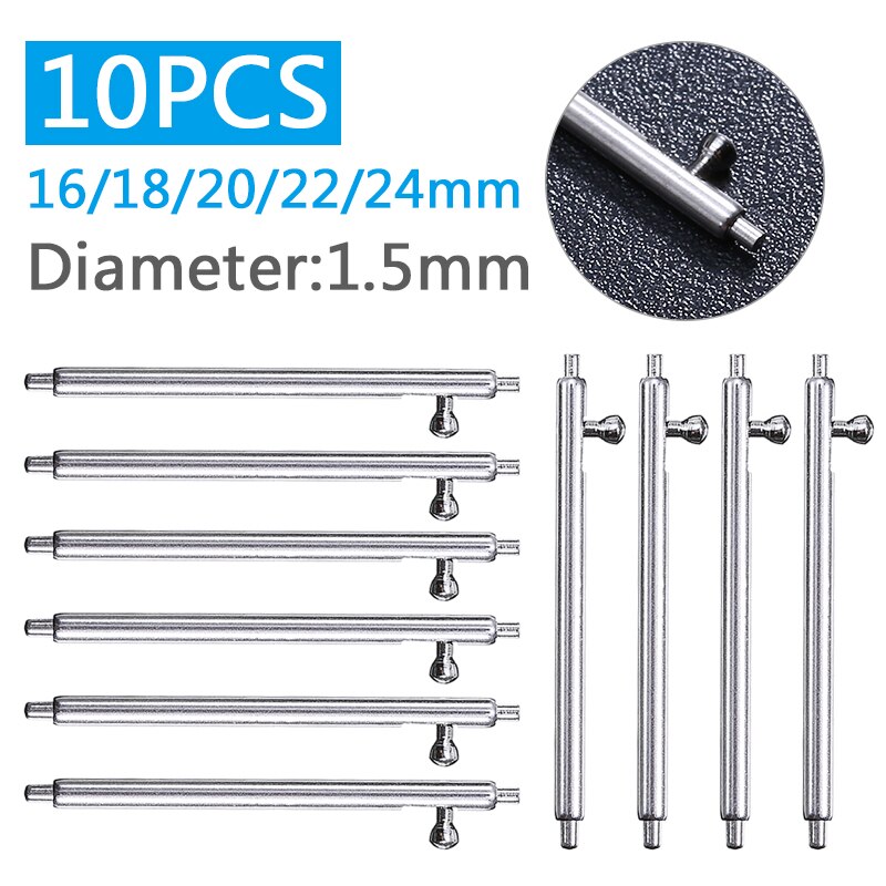 10 st klockstift med 1.5mm diametrar parverktyg och kit snabbkoppling klockarmband fjäderstänger stift 16mm 18mm 20mm 22mm 24mm