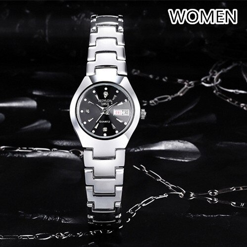 Fedylon-relojes de para parejas, de lujo, de negocios, de cuarzo, de acero inoxidable, para hombre y mujer: women black