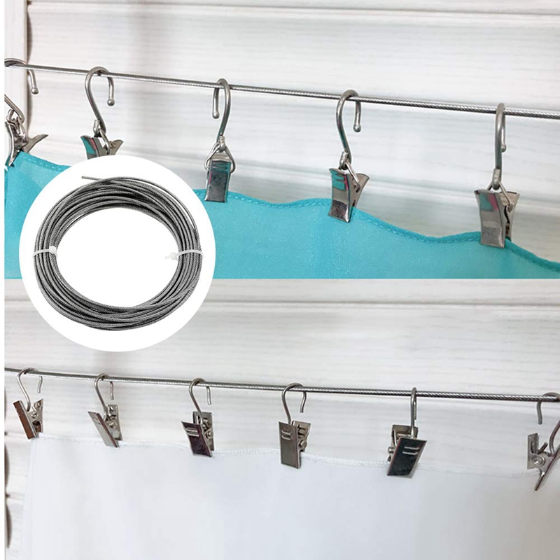 10M Stainless Steel Wire Rope Coated 2 Mm Steel Rope Adjustable Curtain Rope Hanging Rope With Mounting Clamps