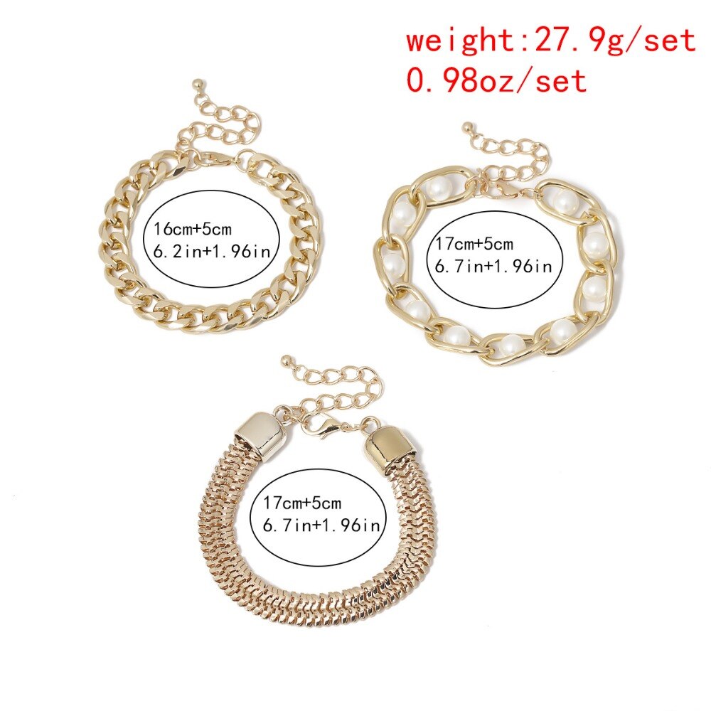 HUANZHI-Conjunto de 3 pulseras de Metal con perlas y cadena gruesa, joyería de , estilo Hip Hop, Punk,