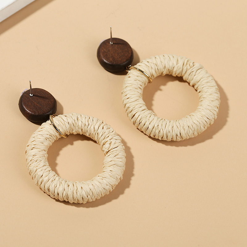 Simple Trendy Boho Handmade Round Vine Rattan Straw Woven Earrings For Women Bohemian Wooden Dangle Earring Jewelry