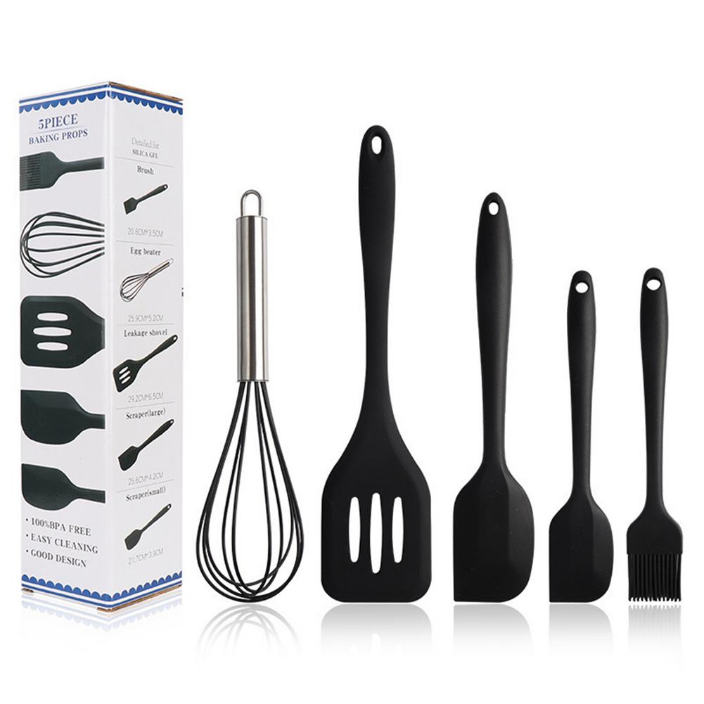 Kitchen Cookware Silicone Kitchenware Non-stick Cookware Cooking Tool Spatula Egg Beaters Whisk Leaking Shovel Utensils Set: black
