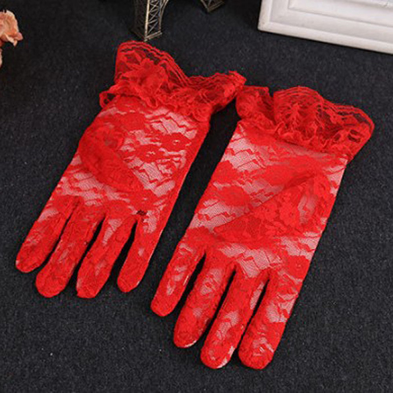 Guantes de encaje calados para protección solar, encaje delicado patrón Jacquard, accesorios de boda: Rojo