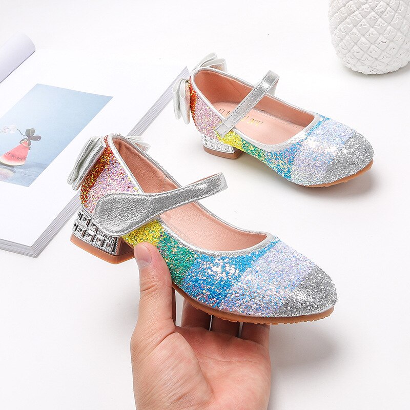 Lemai nó azul sapatos de couro para meninas novo 2021 criança arco-íris lantejoulas princesa sapatos crianças de cristal de salto alto único sapatos