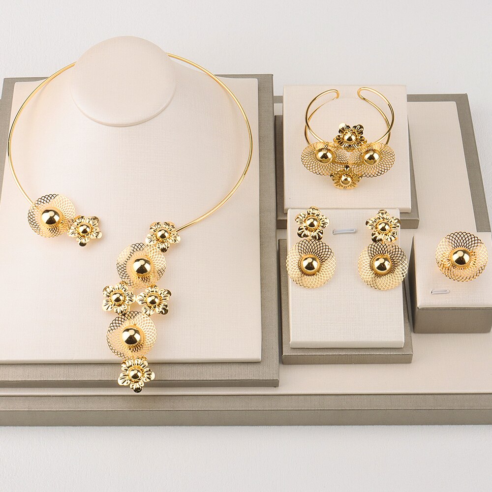 Ensemble de bijoux de mariée de dubaï, fleur de luxe, couleur or, collier rond, boucles d&#39;oreilles, bijoux de mariage, bague, bague, Nigeria: SMT254