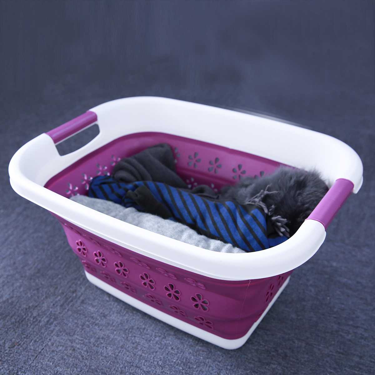 Foldable Purple Storage Dirty Clothing Baskets Large Collapsible Laundry Basket Silicone Wash Clothes Fruits Bin Space Saving