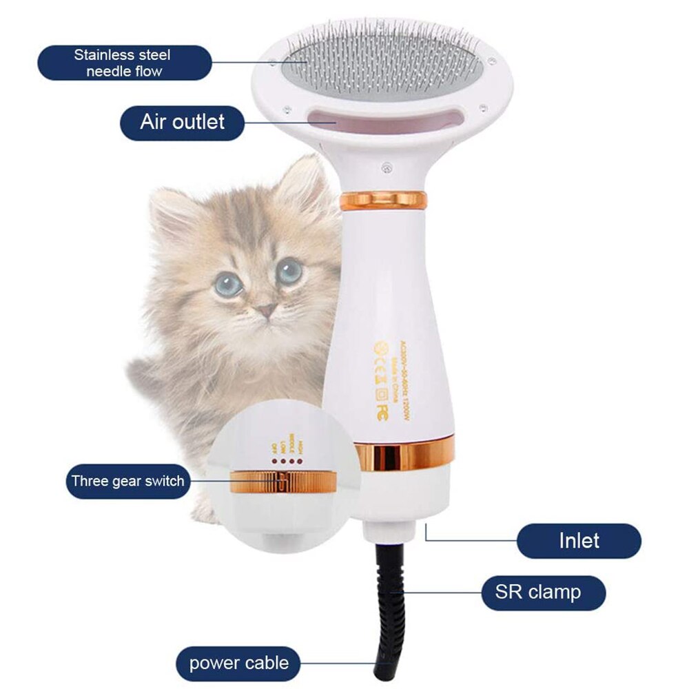 Hair Fur Blower Pet Dog Hair Dryer Comb Grooming 2-In-1 Adjustable Temperatures Settings Cat Dog Dryer Comb Brush Low Noise