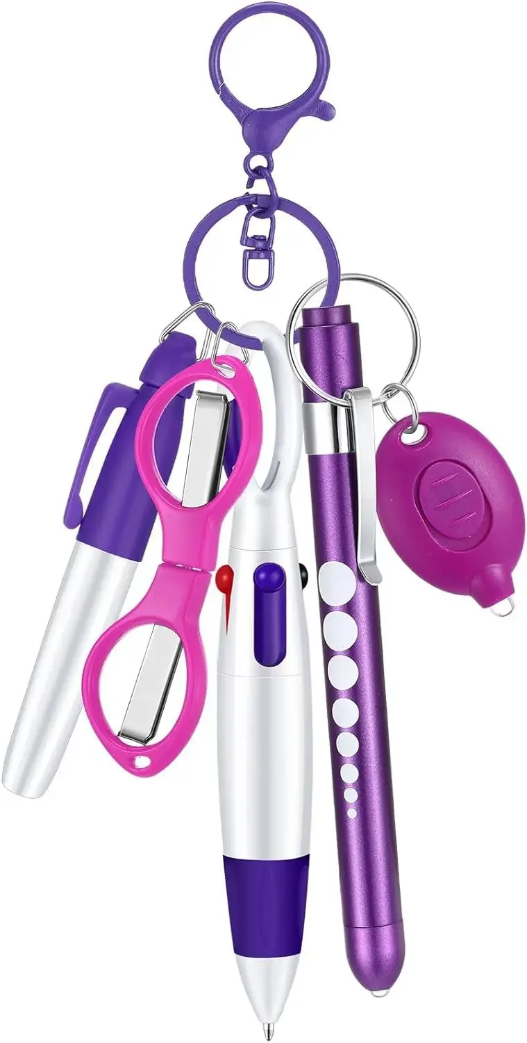 6in1 Multifunktions Versenkbare Kugelschreiber einstellen Taschenlampe Faltbare Schere Kugelschreiber Schlüsselbund Krankenschwester Stifte dauerhaft Marker: Weiß