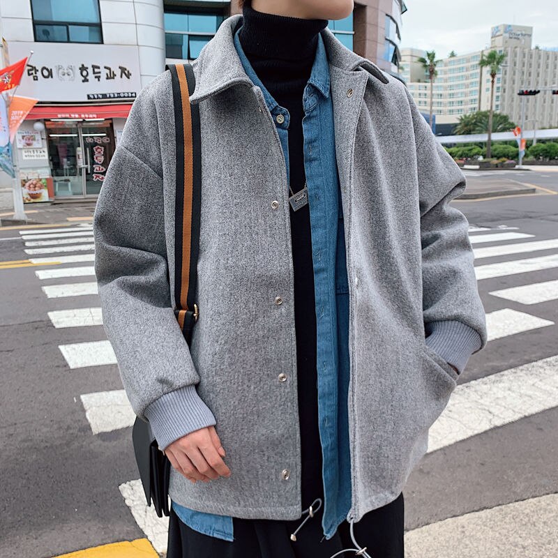 Vinter kort yllerock herr slimmade enfärgade casual yllejackor herr streetwear vild koreansk stil yllerock herr: Grå / L