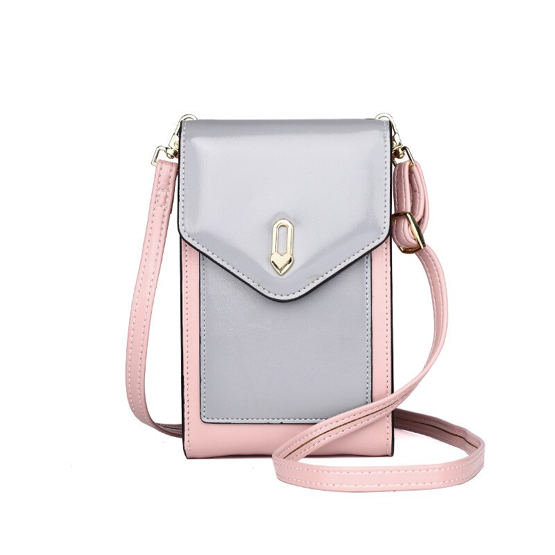 Vrouwen Messenger Bag Telefoon Portemonnees Mini Crossbody Tassen Pu Leer Olie Wax Leer Vrouwelijke Sholder tas: Pink-Grey