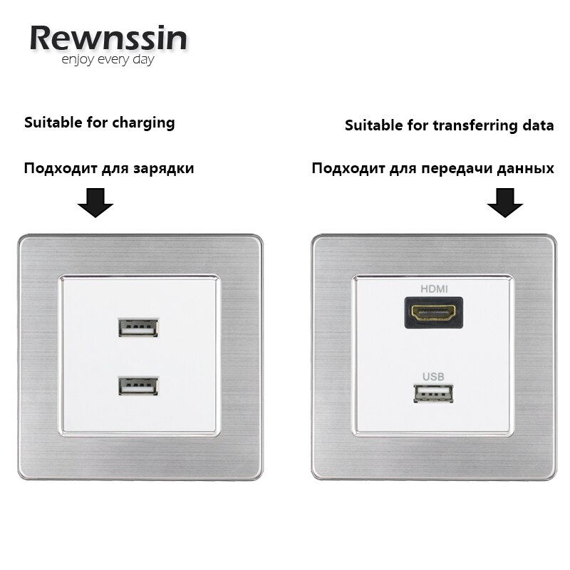 Electrical Outlets EU/France UCB Combination Power Socket 2.1A Dual USB Charging Dedicated Port White Stainless Steel Panel