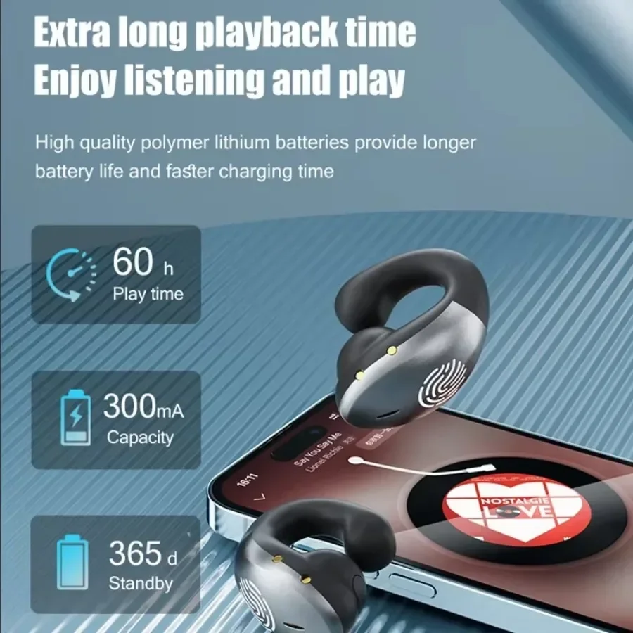 Knochenleitung, offener Ohrclip, kabellos, Bluetooth 5.5, Kopfhörer, LED-Atemlicht, Geräuschunterdrückung, Ohrhörer für Musik