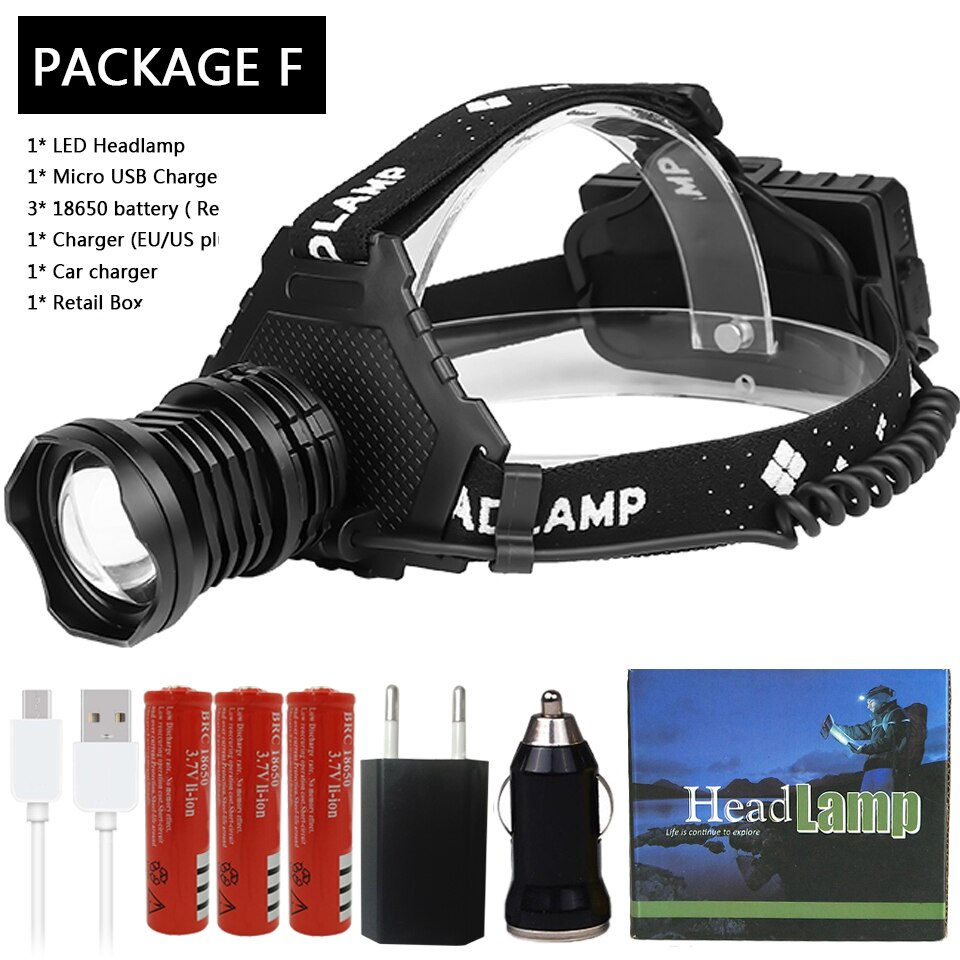 Lampa czołowa doprowadziło najmocniejszy reflektor XHP160 Zoomable głowica aluminiowa lampa Powerbank 7800mAh 18650 bateria robić oświetlenia kempingowego: Package F