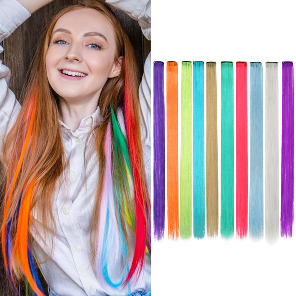 Synthetische 10 Stuks Steil Hair Extensions Clip In Haarstukjes 22 Inch Hightlight Kleurrijk Haar Voor Vrouwen Feest Cosplay