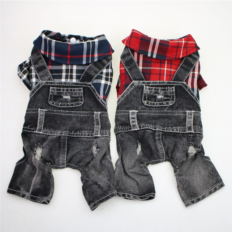 Kæledyrstøj bamse bichon hund firbenet stort plaid denim jumpsuit forår og efterår vintertøj