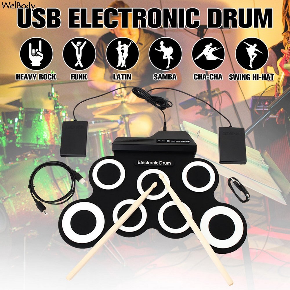 Draagbare Elektronische Drum Digitale Usb 7 Pads Roll Up Drum Set Siliconen Elektrische Drum Pad Kit Met Drumsticks Voetpedaal