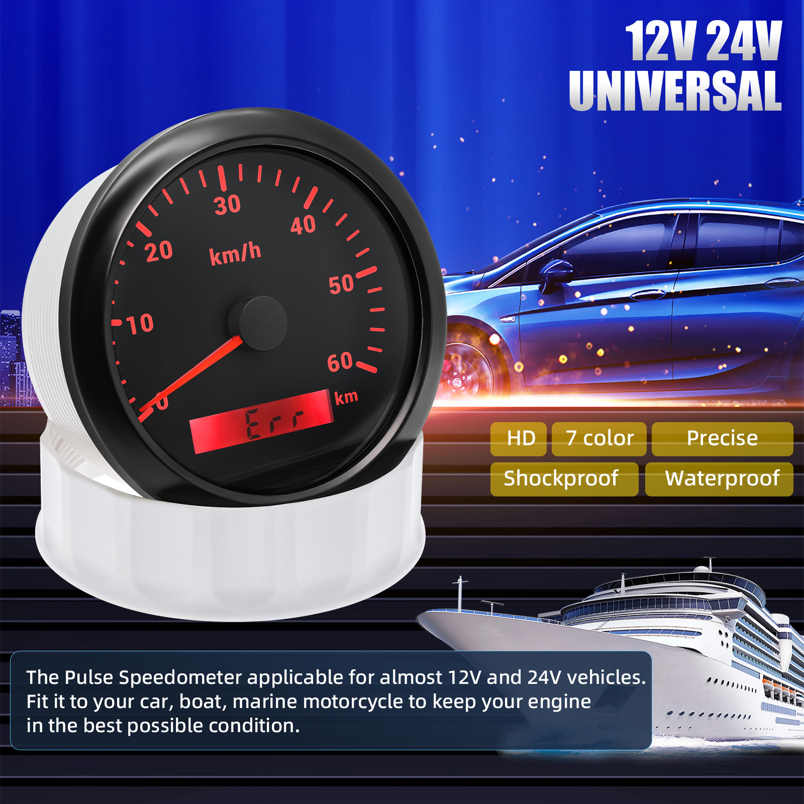 30 km/u ,60 km/u ,120 km/u ,200 km/u 85mm snelheidsmeter met 7 kleuren, analoge pulssignaal snelheidsmeter voor auto, boot, maritiem gebruik