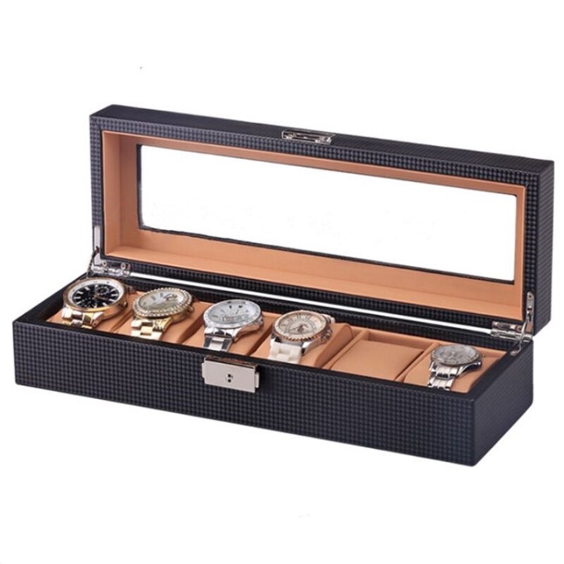 Kolfiber klockförvaring box svart pu läder klockorganisator med lås klocka förvaringsboxar smyckesfodral: 6 kaffe
