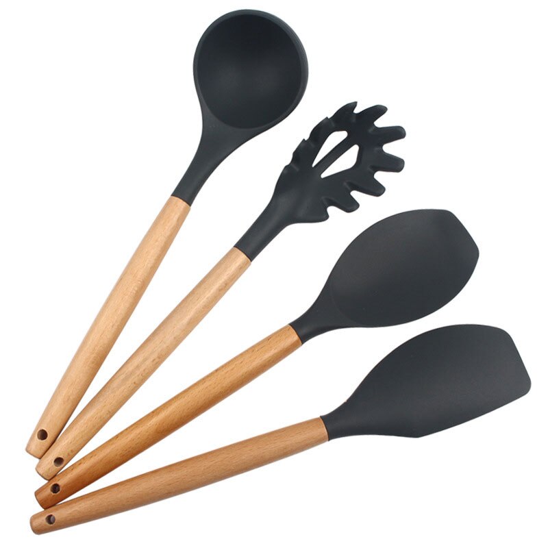 12Pcs Silicone Cooking Utensil Set Wooden Handle Spatula Soup Spoon Brush Ladle Pasta Colander Non-stick Cookware Kitchen Tools