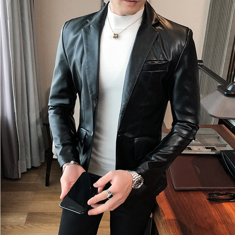 Høst pu skinnjakke blazer koreansk slank skinn dressjakke ensfarget herre skinnjakke m-xxxl