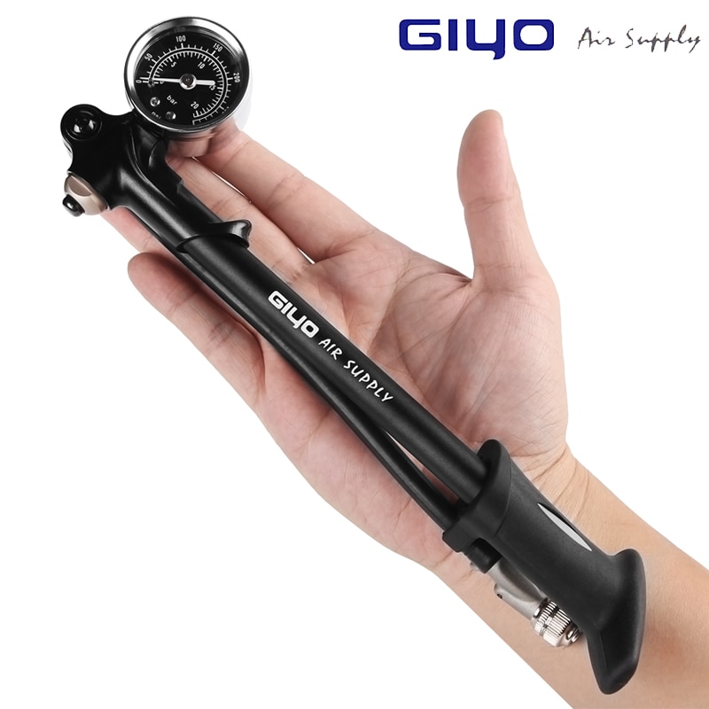 Giyo foldbar 300 psi lufttilførsel inflator cykel luftstødpumpe med håndtag og måler til gaffel & baghjulsophæng mountainbike
