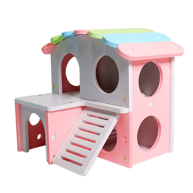 Hout Milieu Dubbele Laag Hamster Huis Speelgoed Ladder Hideout Kleurrijke Top Villa WWO66