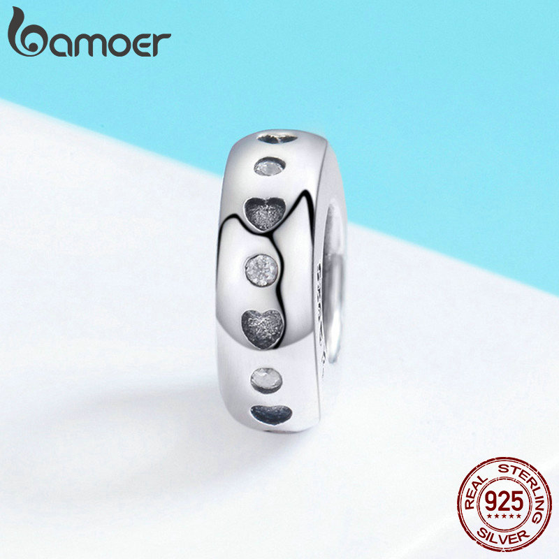 BAMOER Real 925 Sterling Silver Spacer Heart Shape Engrave Charm Beads fit Women Charm Bracelet Necklace Fine Jewelry SCC593