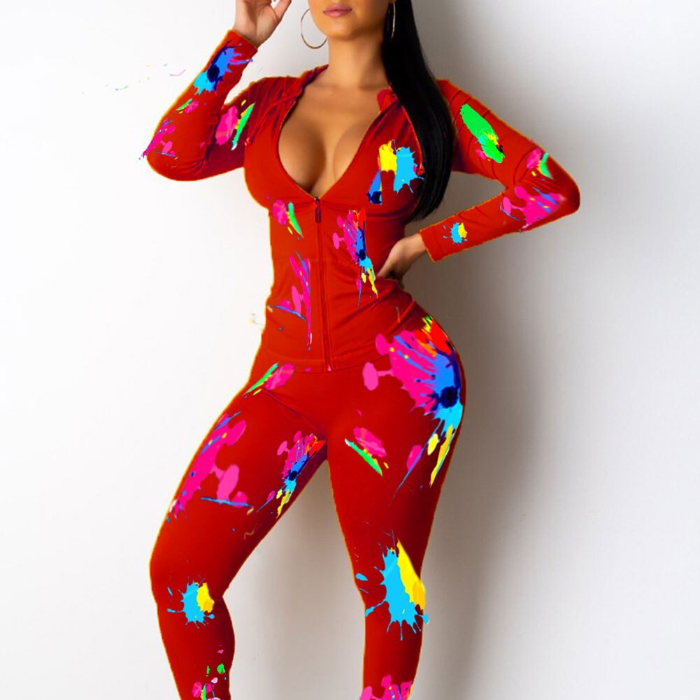 2Pcs Vrouwen Herfst Outfit, multicolor Afdrukken Lange Mouwen Rits Open Hoodie + Elastische Taille Broek Pak Voor Dames: Rood / S