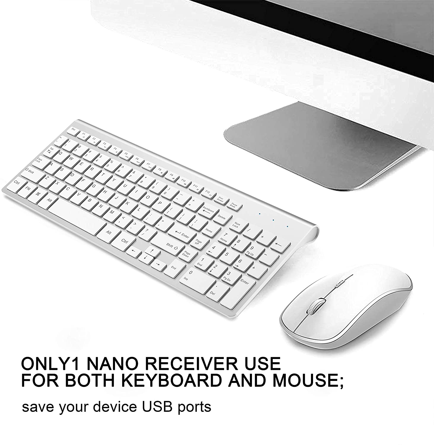 Wireless Keyboard Mouse,Full Size With Numeric Keys。Compatible with IMac Mac PC Laptop Tablet Computer Windows (Silver White)