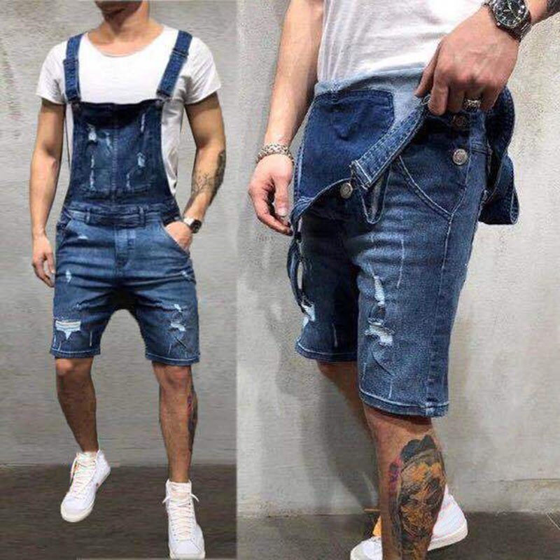 Mono vaquero rasgado a la para Hombre, Peto vaquero desgastado, pantalones cortos informales ajustados hasta la rodilla, color negro