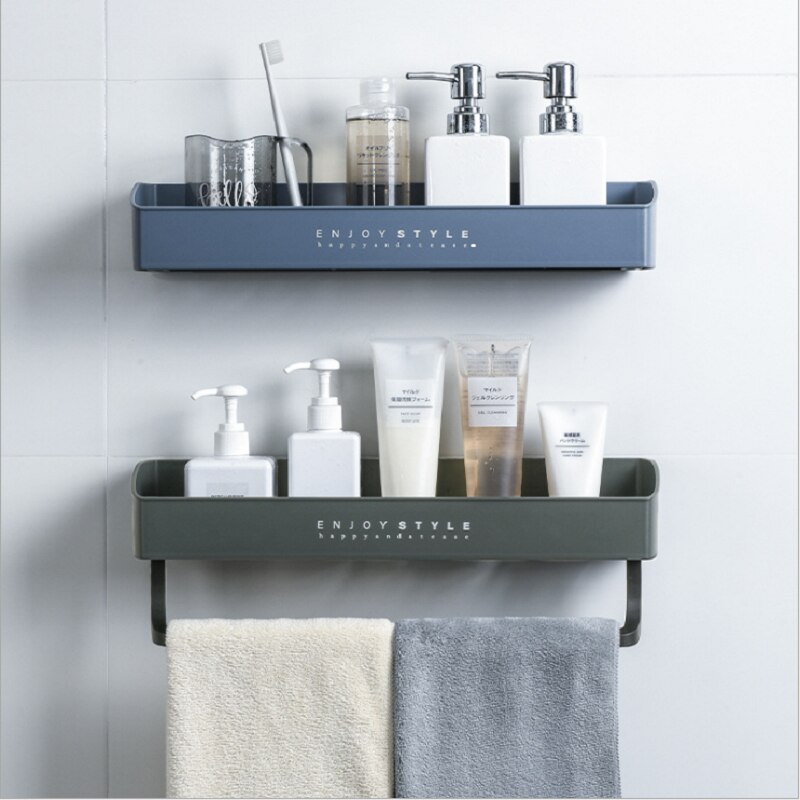 Badeværelse hylde arrangør vægmonteret shampoo bruser hylder holder med håndklæde bar køkken opbevaring rack badeværelse tilbehør