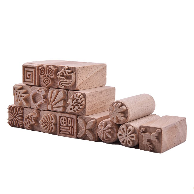 3cm Square Emboss Stamp Hand Carved Wooden Stamps Wood Seal for Printing DIY Clay Pottery Carving Blocks Polymer Clay Mold Tools