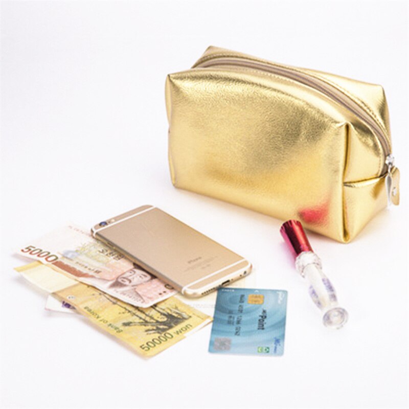 Purdored 1 pc portátil sólido feminino saco de cosméticos saco de maquiagem de ouro feminino organizador de viagem para maquiagem bolsa de toilette