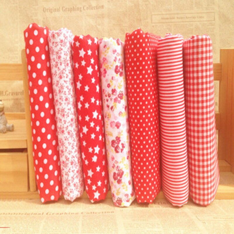 Diverse bedrukte katoenen stoffen, quilten, naaien, knutselen, patchwork, voorgesneden, 7 stuks: Rood