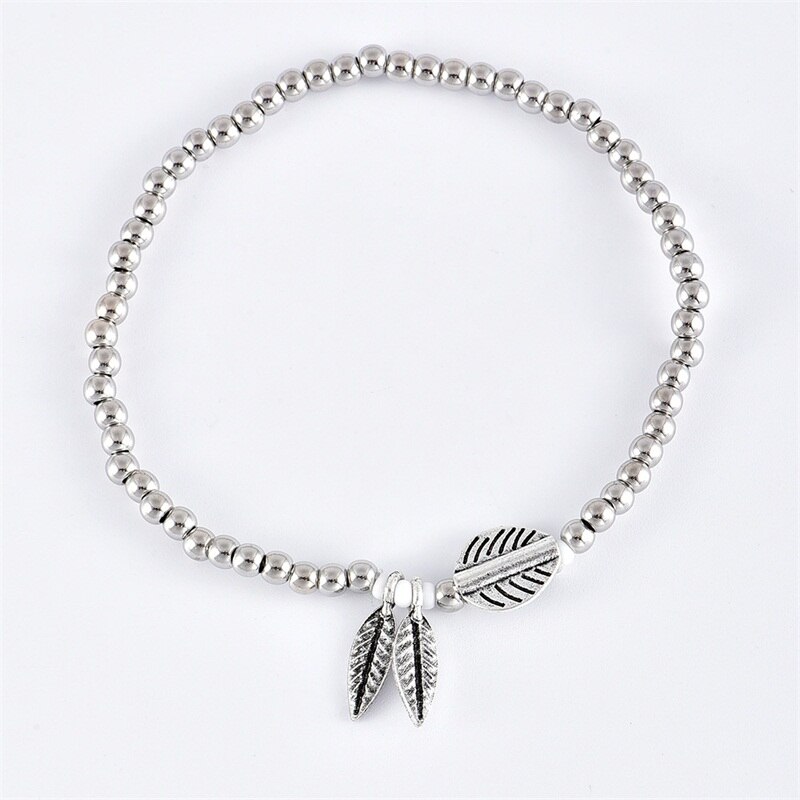 4Pcs/Set Anklets Women Geometric Leaf Beaded Pendant Silver Color Anklet Set Bohemian Charm Beach Jewelry