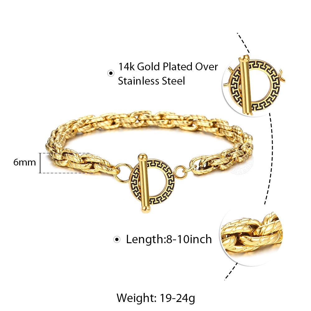 6mm Gold Filled Stainless Steel Bracelet For Men Women Twisted Cable Link Chain Toggle Unique Jewelry TBS012