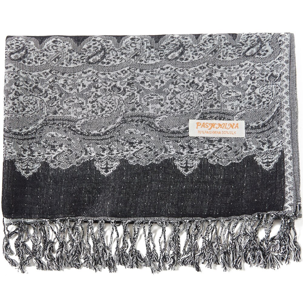 Paisley frontières Pashmina soie 2 tons écharpe enveloppement châle tête foulards léger grand mince glands longs: Black White