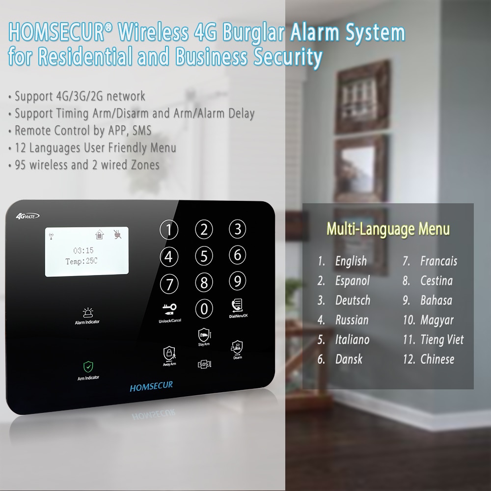 HOMSECUR DIY Wireless&wired 4G/GSM LCD Burglar Intruder Alarm System+IOS/Android APP for Home Security GA01-4G-B/W