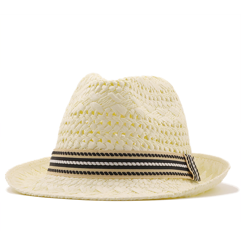 Chapeau de soleil décontracté pour femme et enfant, style Jazz, en paille, pour homme et femme, idéal pour la plage, été: Child 50-52cm / Milky white