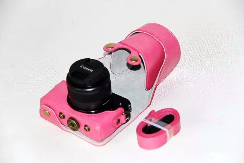 Funda de cuero PU para cámara Canon EOS M10 EOS M100 EOS M200, bolso de hombro protector con correa: Rose