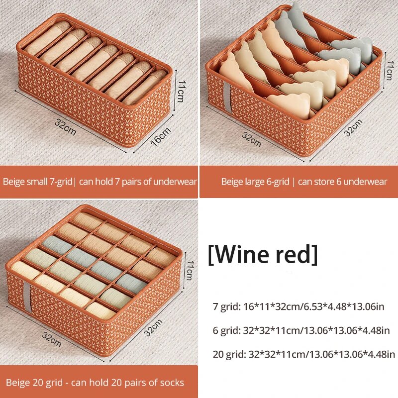 1pc khaki/vinrøde non-woven multi-grid opbevaringsbokse til undertøjssokker til husholdningsgarderobeorganisering og opbevaring: L / Burgunder