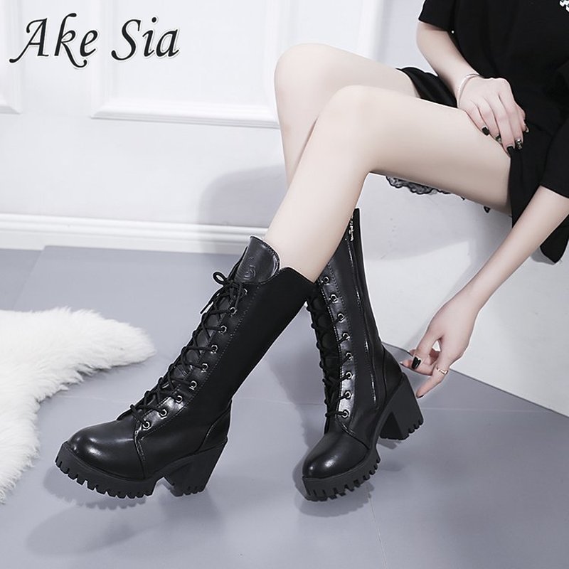 Herfst Winter Snowboots Vrouwelijke Retro Britse Wind Dark Black Fan Auto Rider Laarzen Dik Met Dikke Bodem buis Mujer