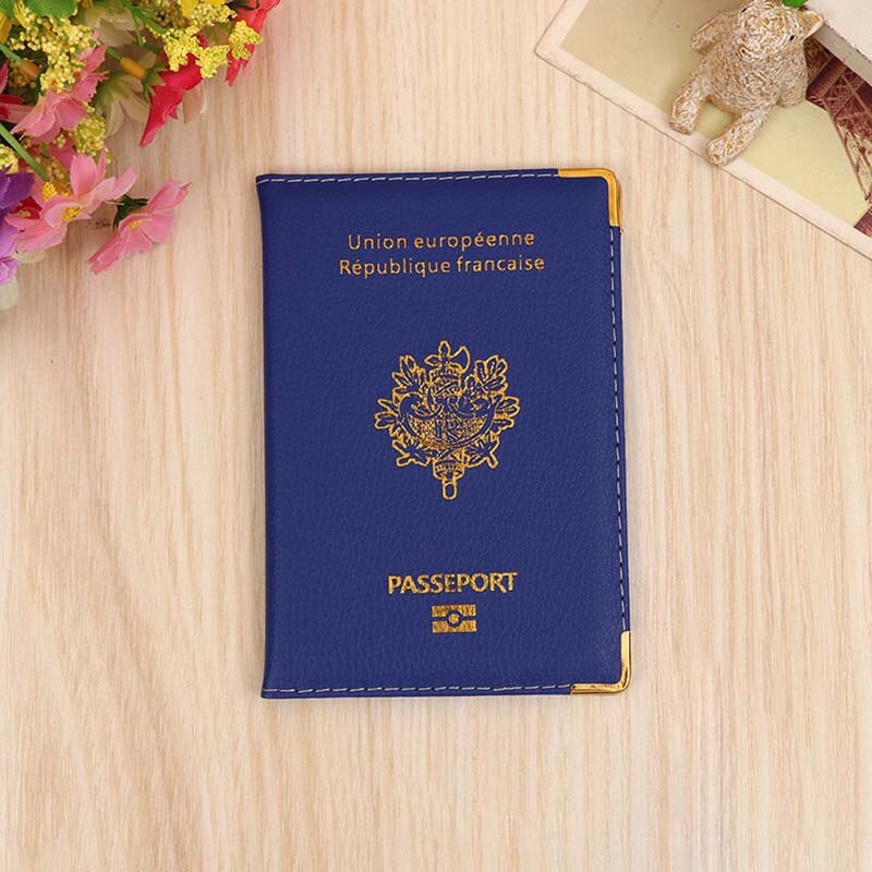 PU Leer Frankrijk Passport Cover Credit Card Slots Porte-Passeport Housse voor Mannen Vrouwen Franse Paspoorten Organisator voor Reizen: blue