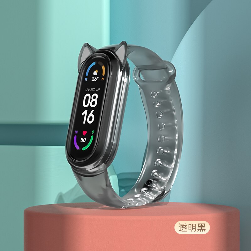 For Xiaomi Mi Band 6 5 4 3 Cat Earmuffs Case Silicone for miband 5 4 Wristband For Amazfit Band 5 Strap Cute style Replacement: Transparent Black / For Amazfit Band 5
