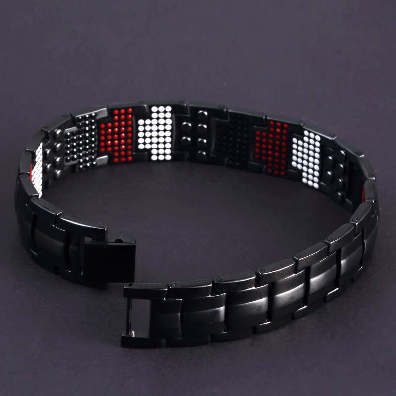 Pulsera magnética de acero inoxidable para hombre, brazalete negro puro 4 en 1 con imanes, iones negativos, germanio, salud, abeto, joyería