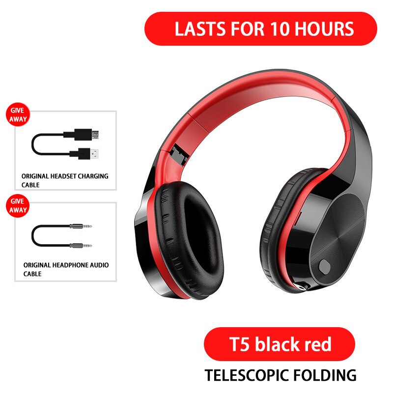 Led 5.0 Bluetooth Oortelefoon Draadloze Hoofdtelefoon Sport Gaming Headset Ruisonderdrukkende Hoofdtelefoon Draadloze Met Mic: T5 black red