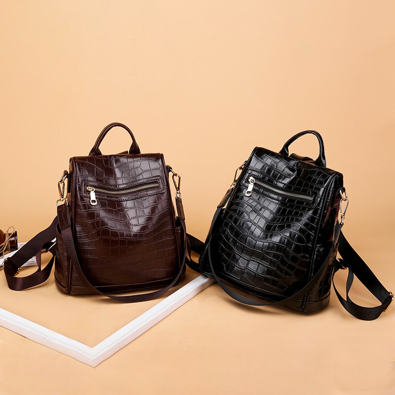 Antidiefstalrugzak voor dames leren rugzak krokodillenpatroon dames reisrugzak pu schooltas voor tienermeisjes preppy