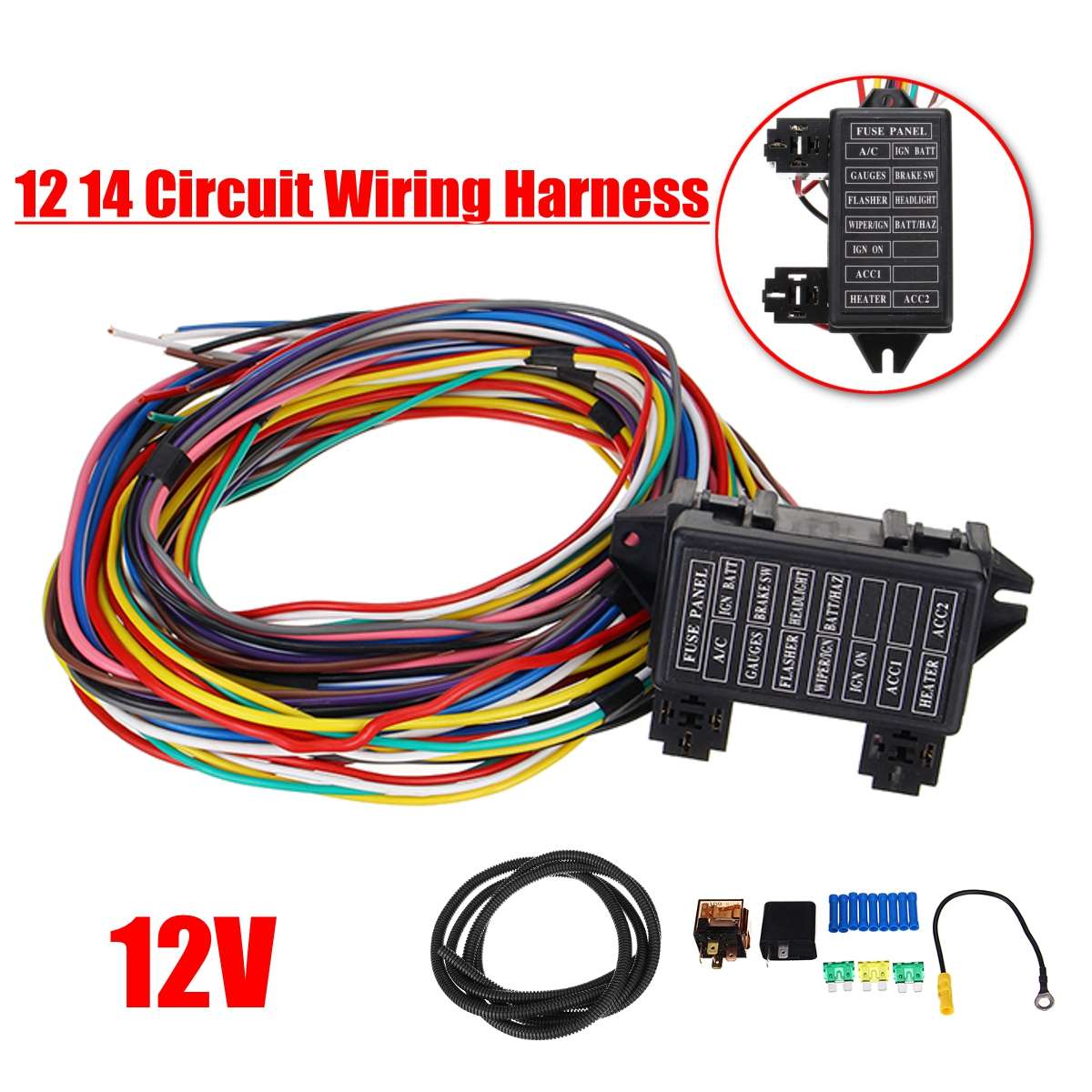 14 Circuit Universal Wiring Harness 14 Fuse 12V Muscle Car Rod Street Gauge XL Wires